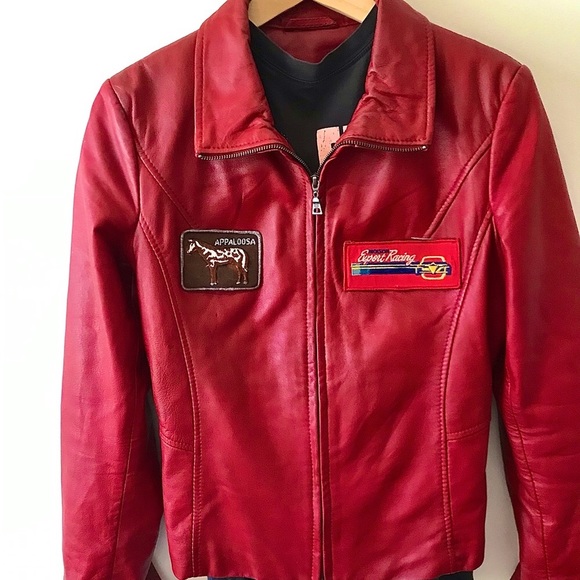 Red leather biker jacket vintage racing varsity patches moto motorcycle … - Picture 6 of 11